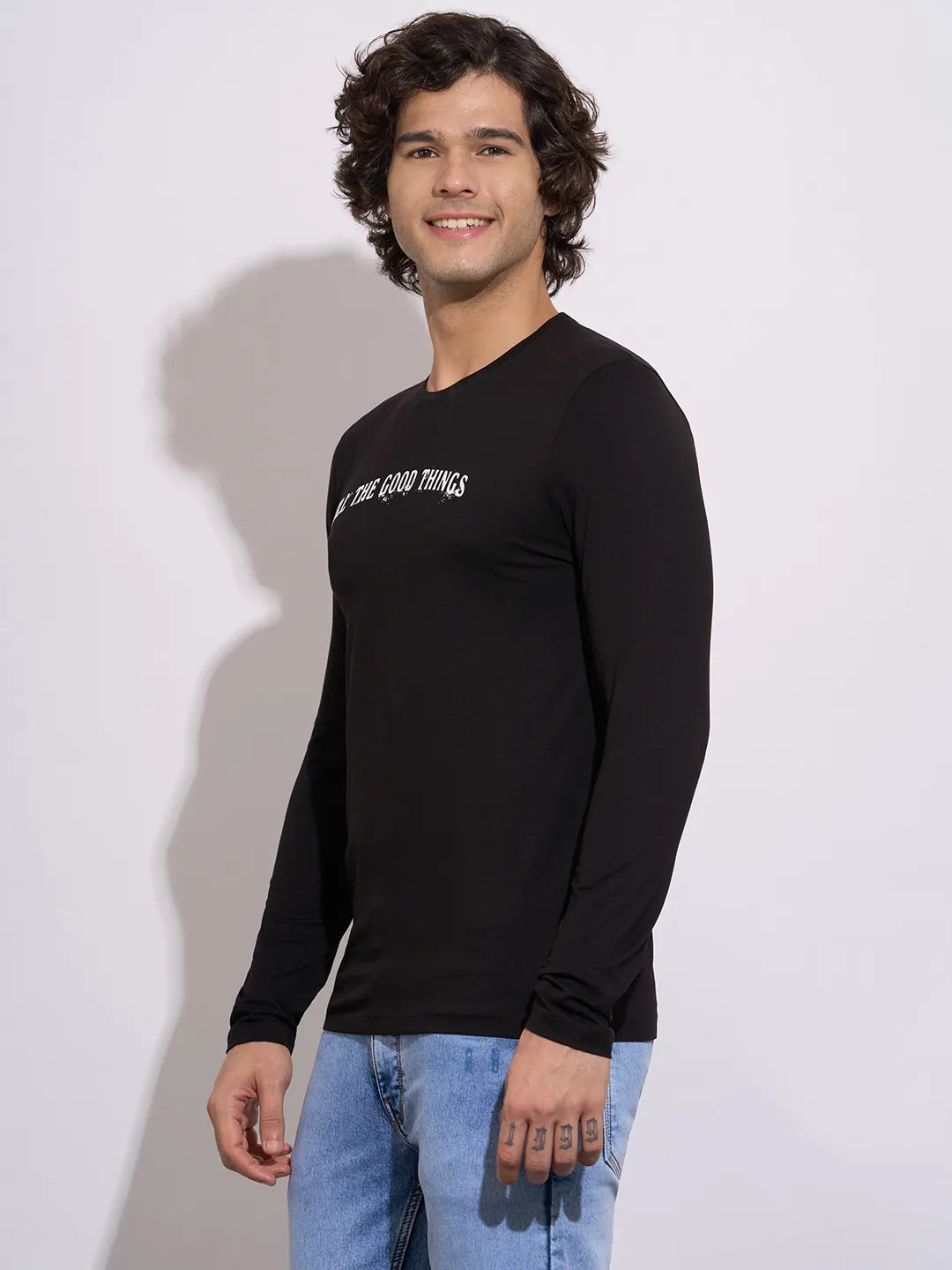 Men's Black Graphic Print Full Sleeve Crew Neck T-Shirt by Being Human Clothing