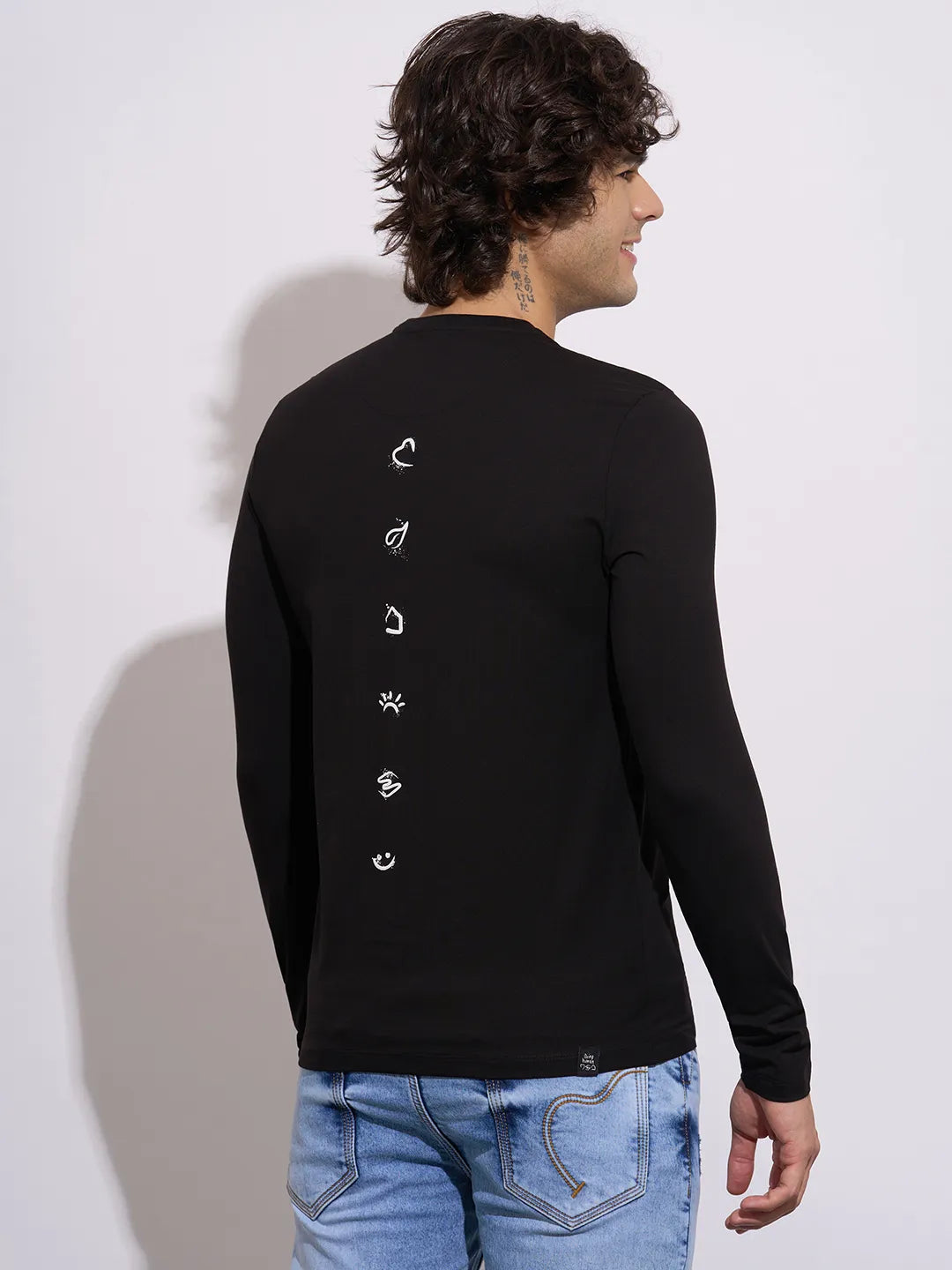 Men's Black Graphic Print Full Sleeve Crew Neck T-Shirt by Being Human Clothing