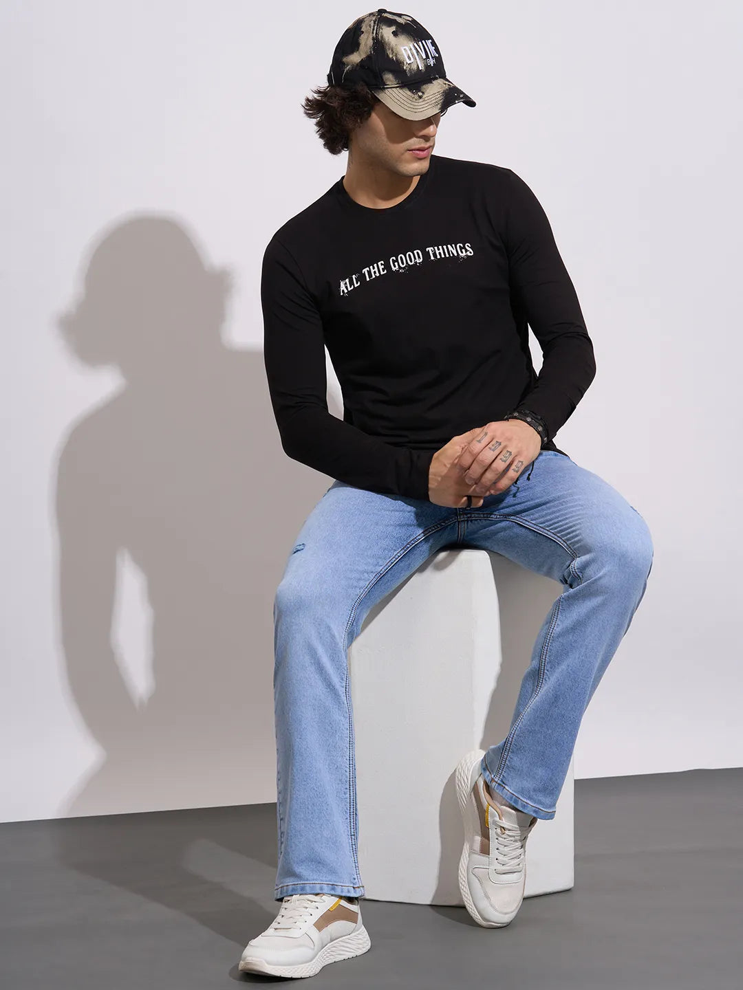 Men's Black Graphic Print Full Sleeve Crew Neck T-Shirt by Being Human Clothing