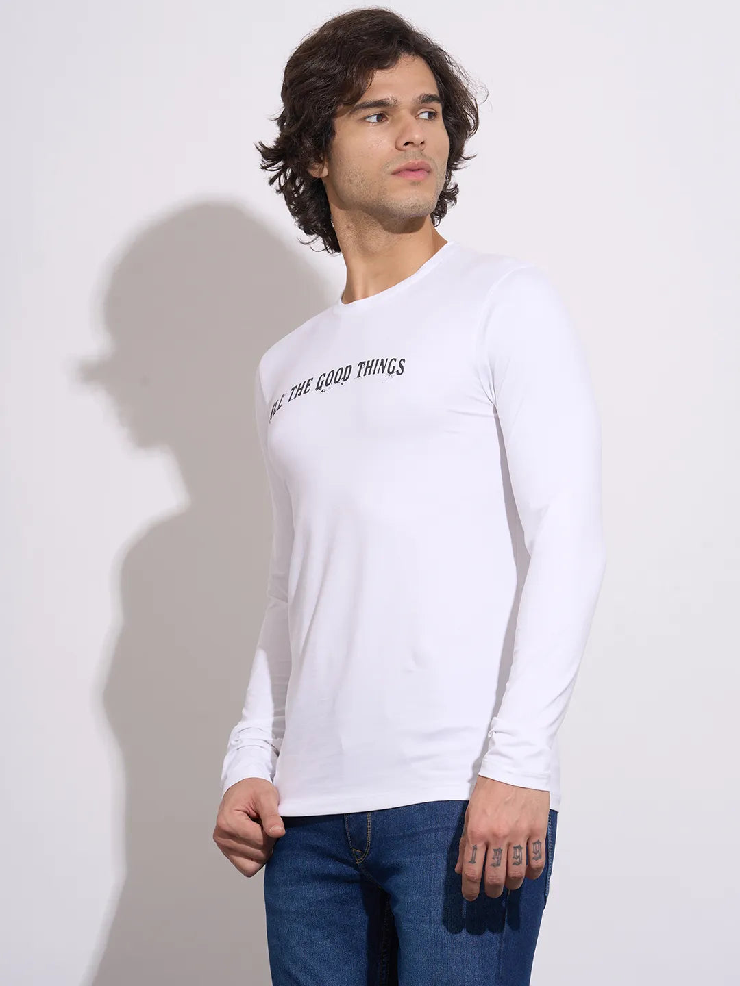 Men's White Graphic Print Full Sleeve Crew Neck T-Shirt by Being Human Clothing