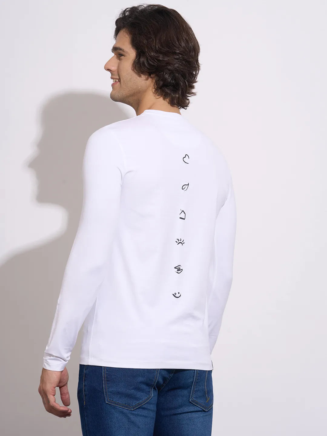 Men's White Graphic Print Full Sleeve Crew Neck T-Shirt by Being Human Clothing