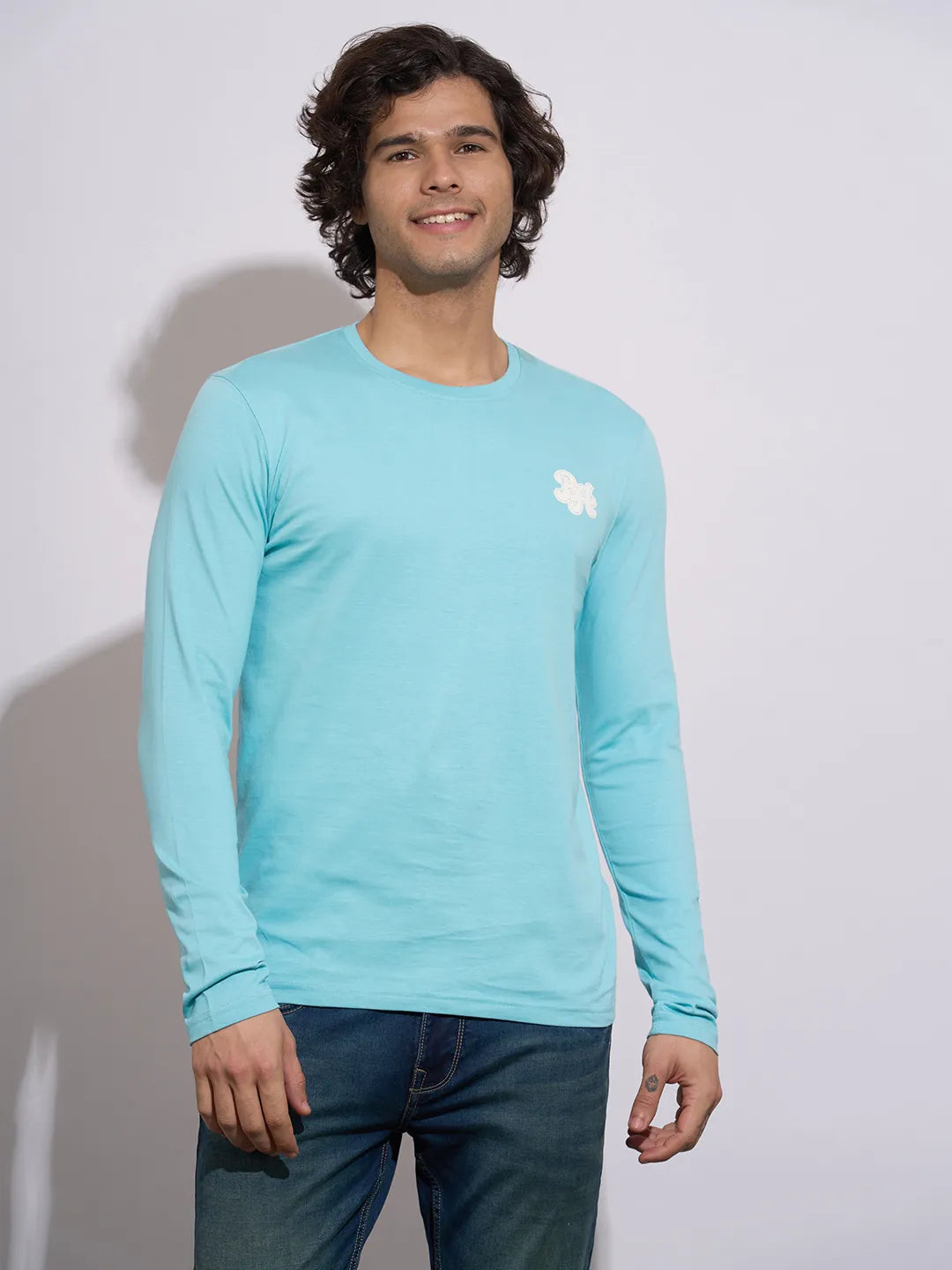 Being Human Men's Light Blue Embossed Full Sleeve T-Shirt