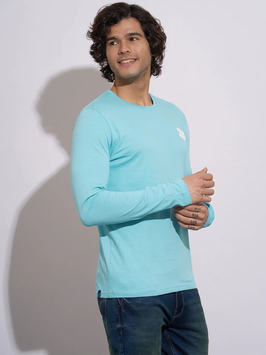 Being Human Men's Light Blue Embossed Full Sleeve T-Shirt