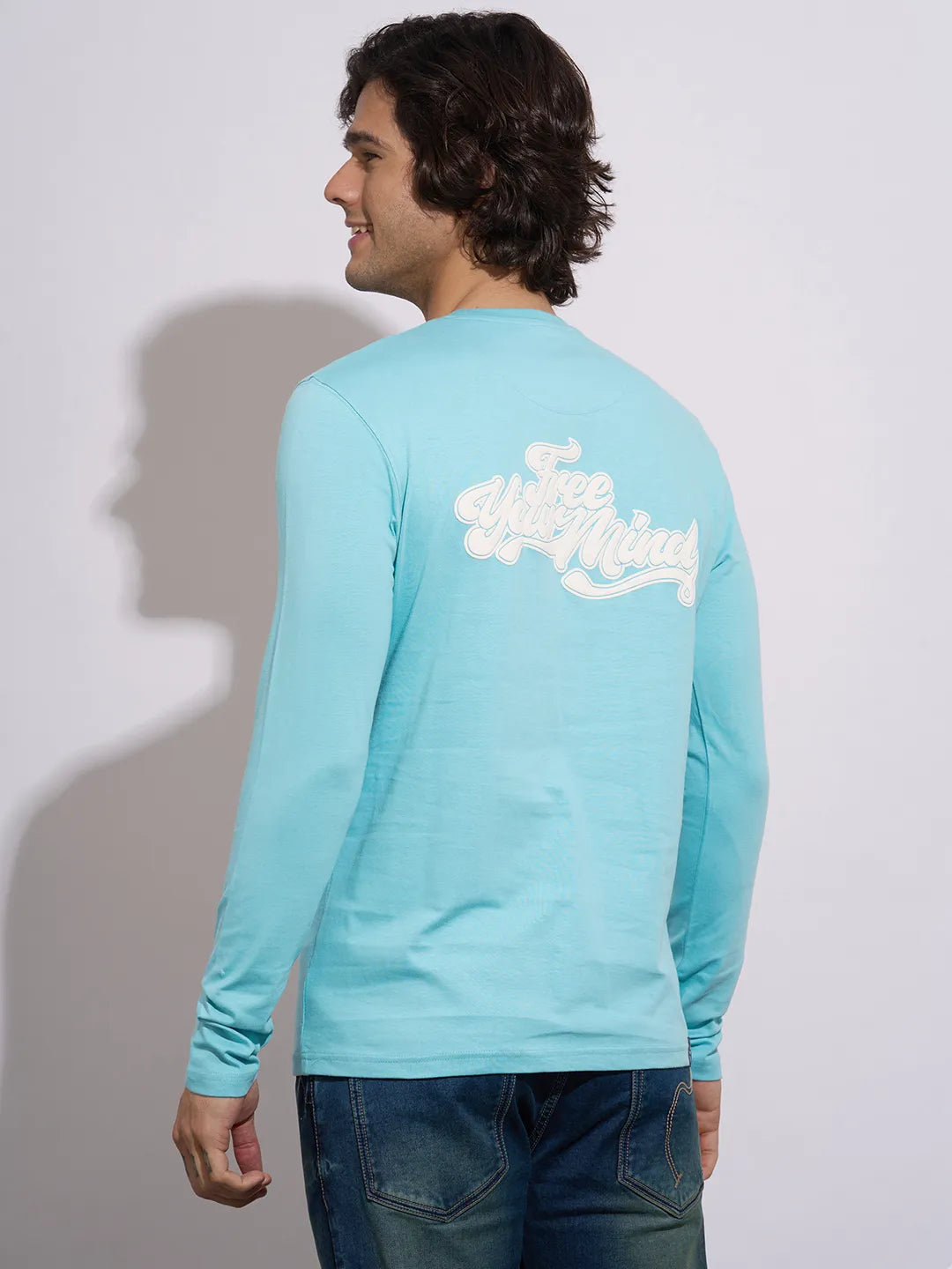 Being Human Men's Light Blue Embossed Full Sleeve T-Shirt