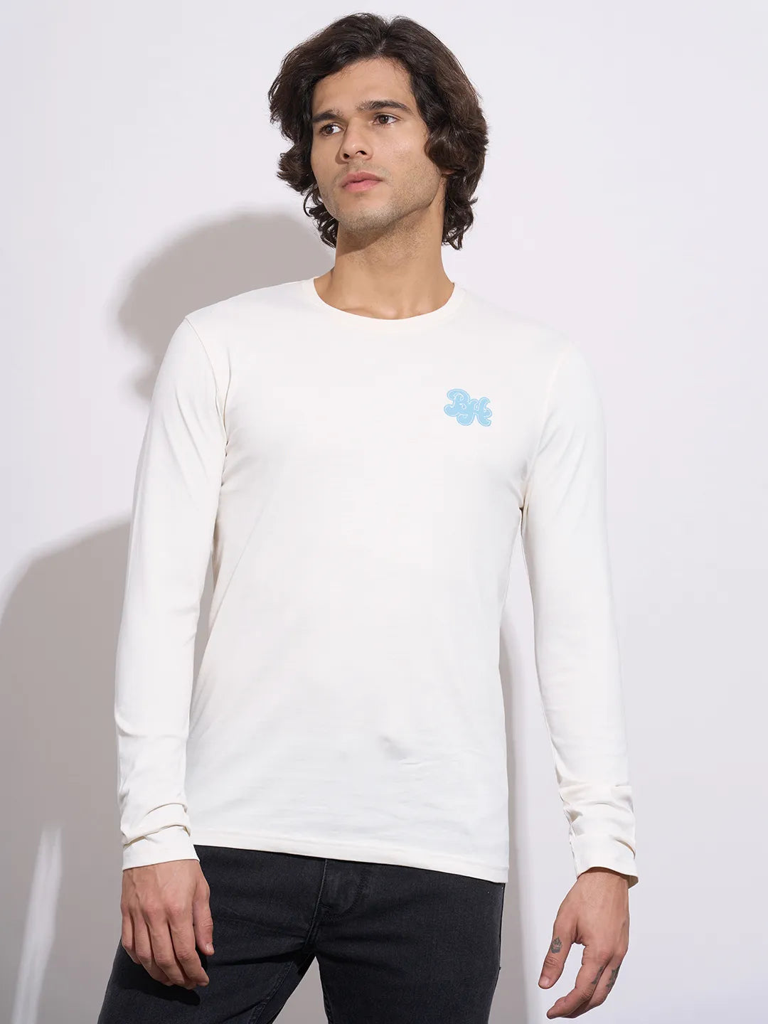 Being Human Men's Off-White Embossed Full Sleeve Crew Neck T-Shirt
