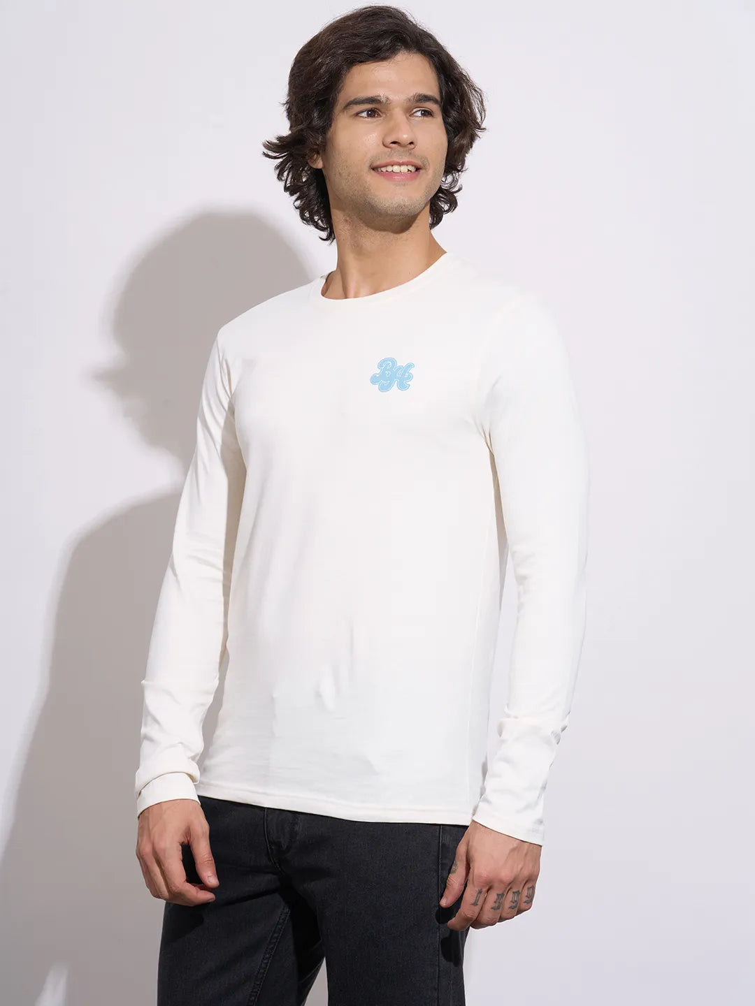 Being Human Men's Off-White Embossed Full Sleeve Crew Neck T-Shirt