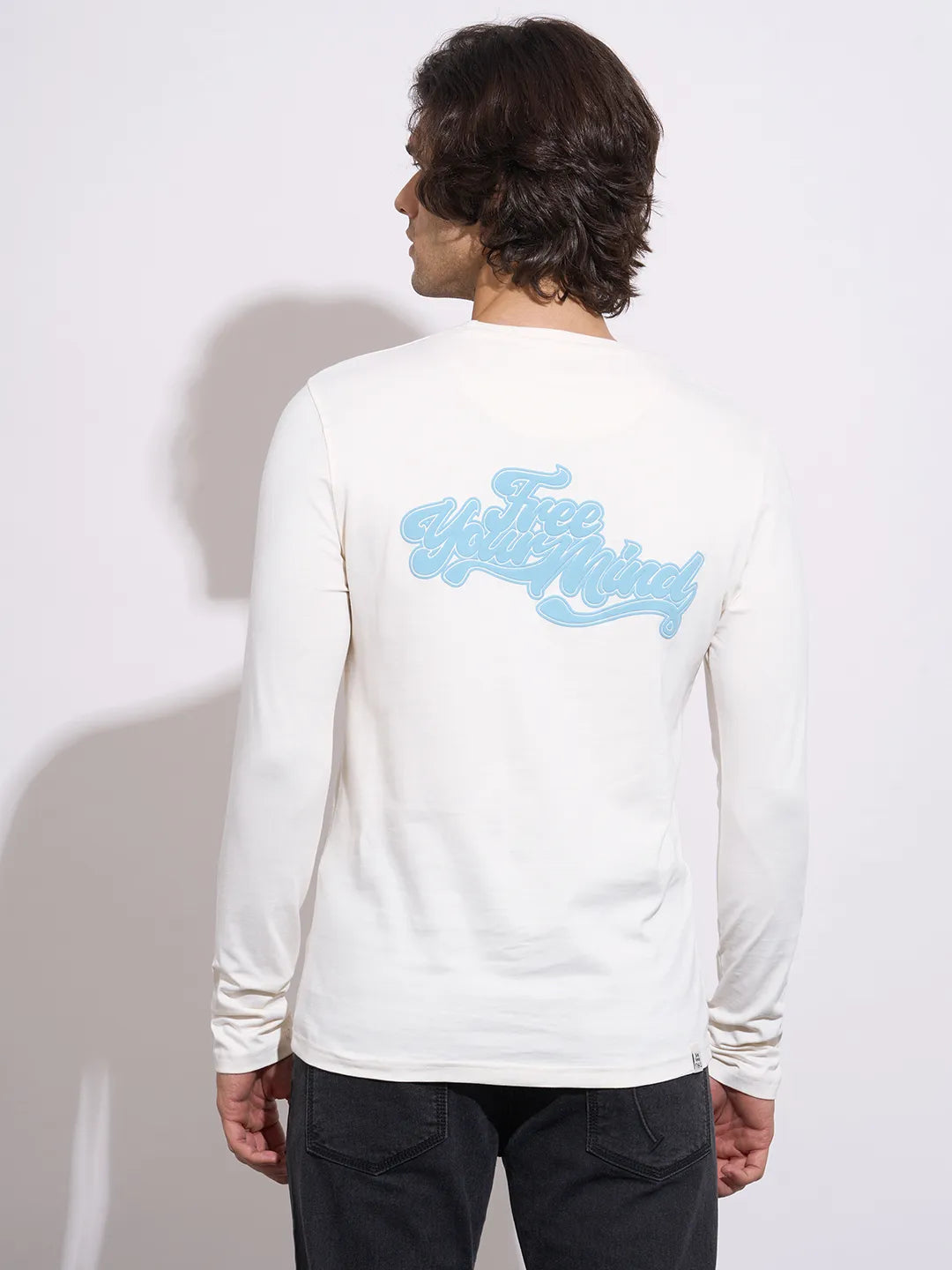 Being Human Men's Off-White Embossed Full Sleeve Crew Neck T-Shirt