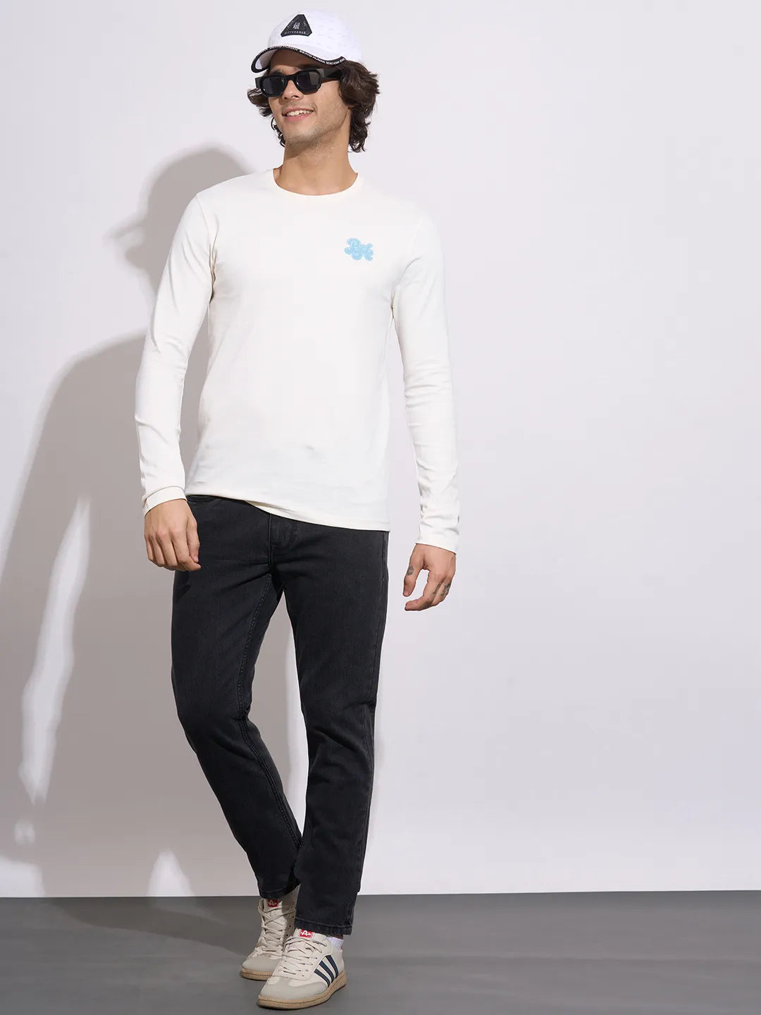 Being Human Men's Off-White Embossed Full Sleeve Crew Neck T-Shirt
