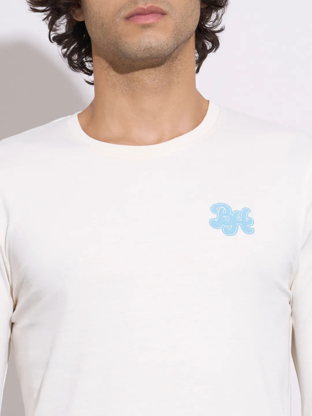 Being Human Men's Off-White Embossed Full Sleeve Crew Neck T-Shirt