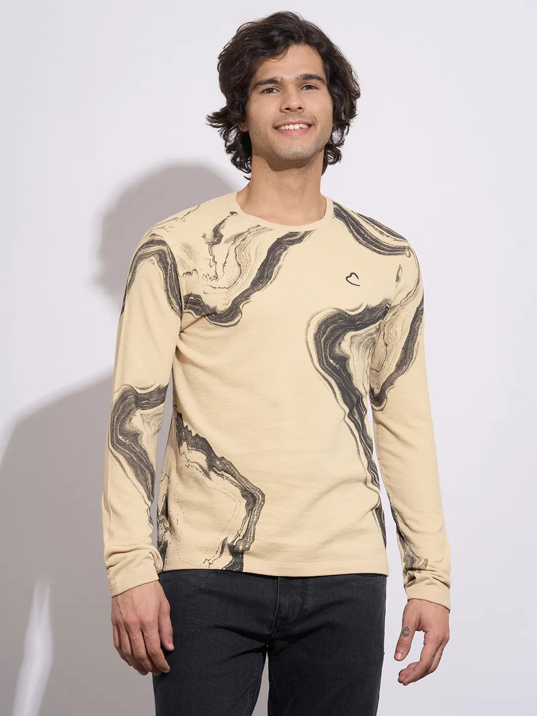 Being Human Men's Cream Abstract Full Sleeve Crew Neck T-Shirt