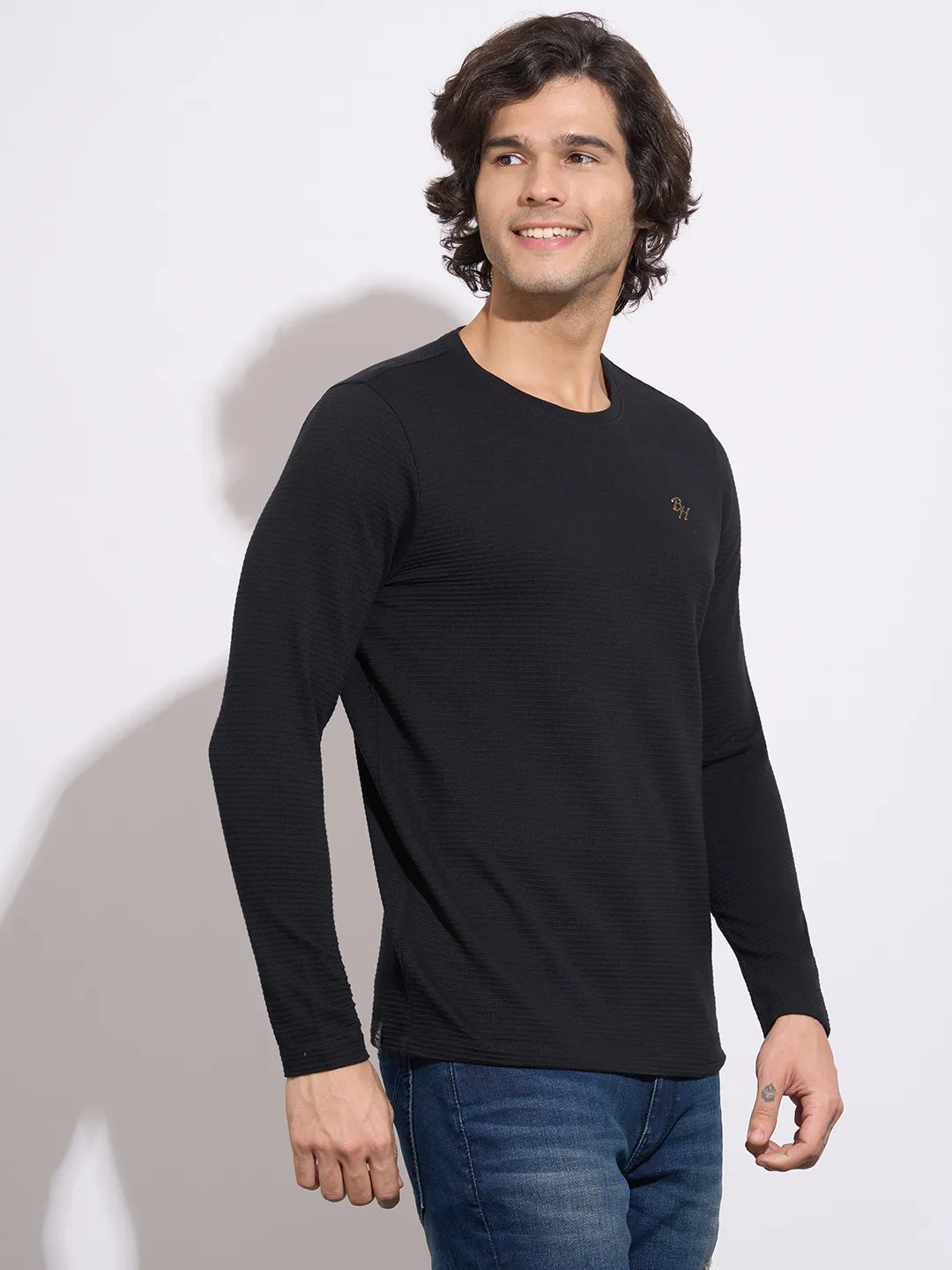 Being Human Men's Black Solid Crew Neck Full Sleeve T-Shirt