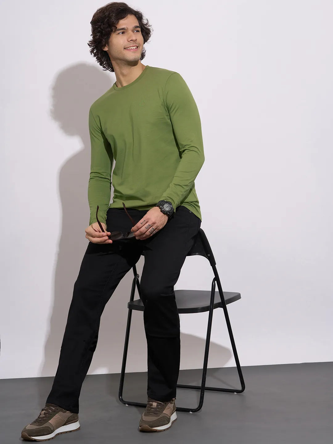 Being Human Men's Olive Crew Neck Full Sleeve T-Shirt