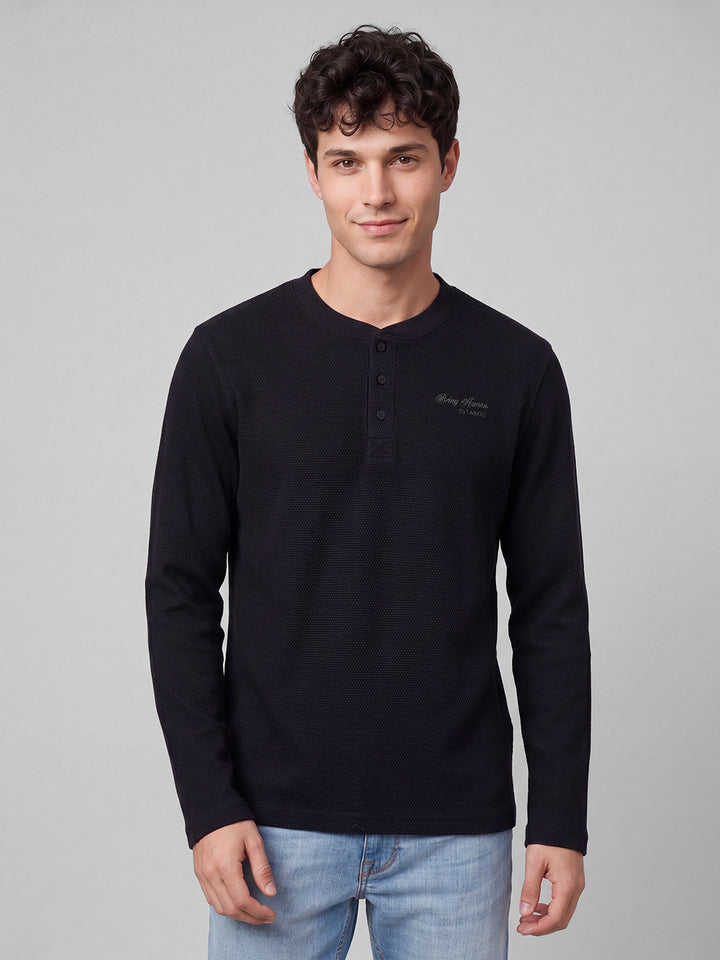 Black Moderno Fit Textured Long Sleeves Crew Neck Men's T-shirt by Being Human Clothing