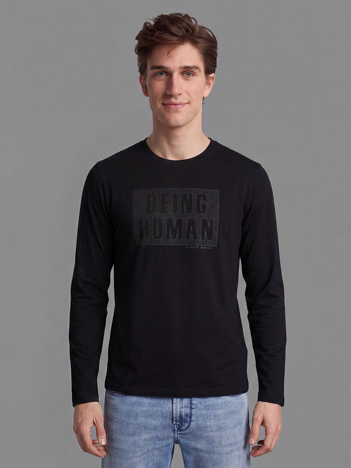 Black Moderno Fit Graphic Print Long Sleeves Crew Neck Men's T-shirt by Being Human Clothing
