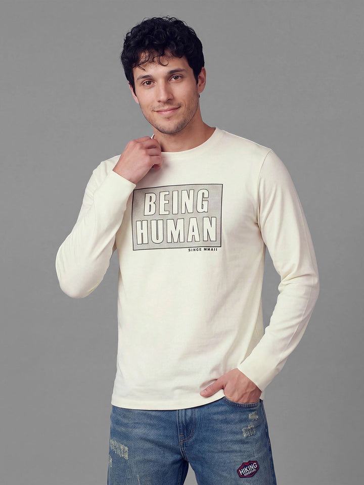 Off White Moderno Fit Graphic Print Full Sleeve Crew Neck Men's T-shirt by Being Human Clothing