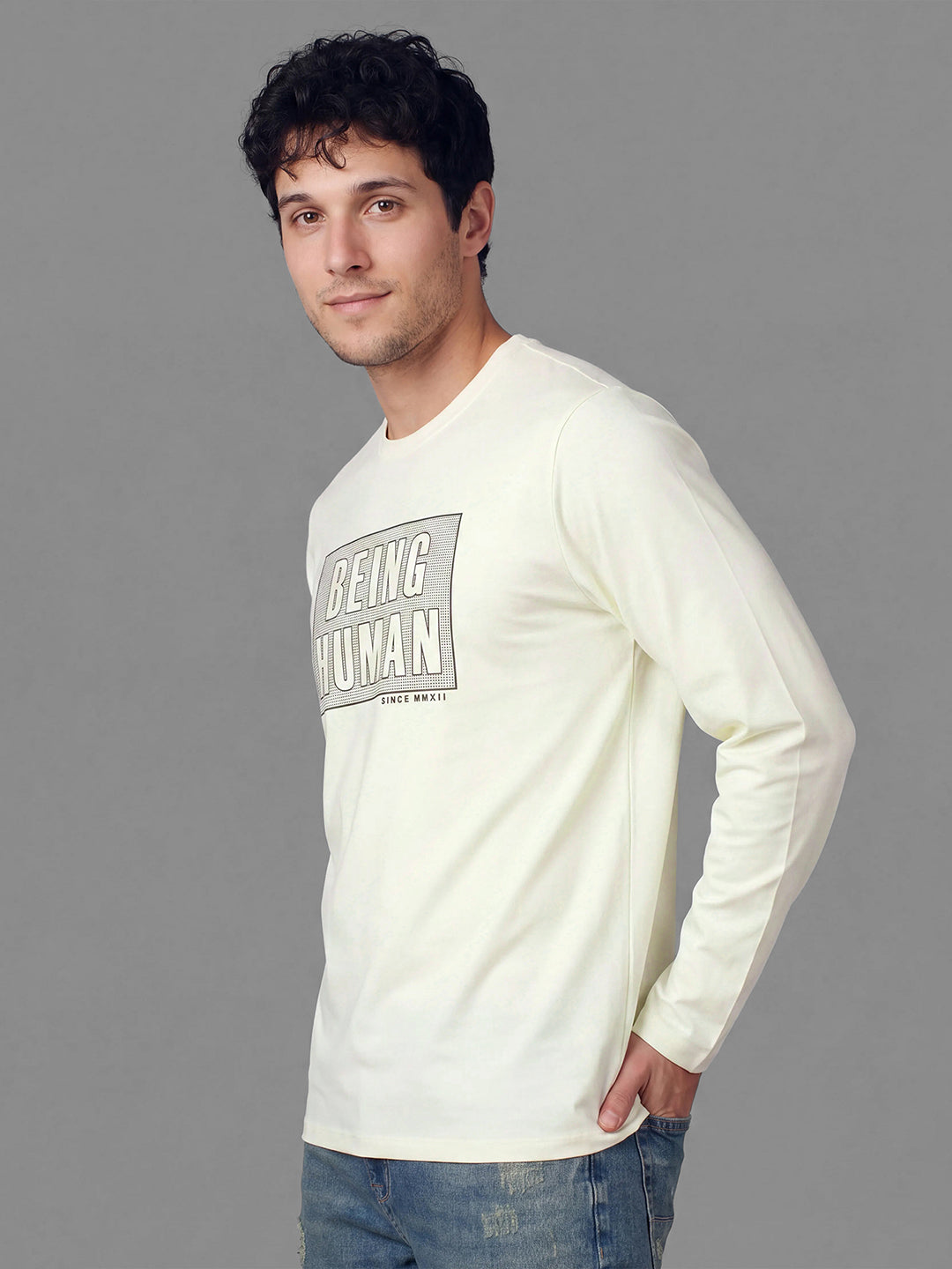Off White Moderno Fit Graphic Print Full Sleeve Crew Neck Men's T-shirt by Being Human Clothing