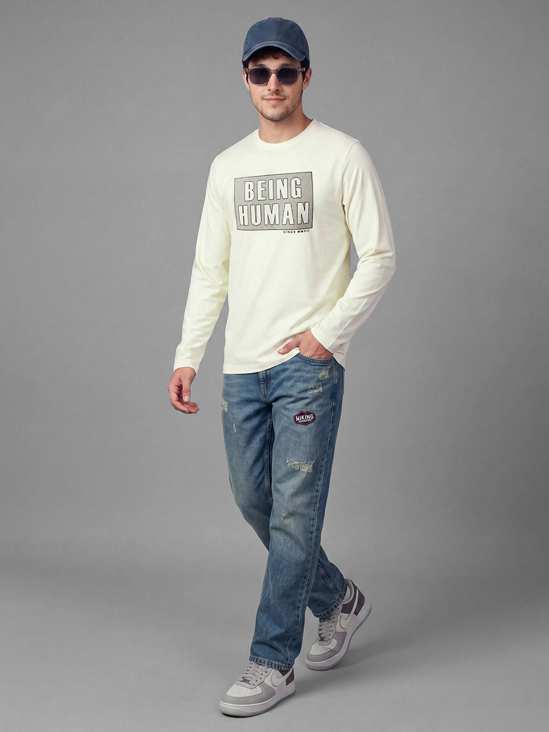 Off White Moderno Fit Graphic Print Full Sleeve Crew Neck Men's T-shirt by Being Human Clothing