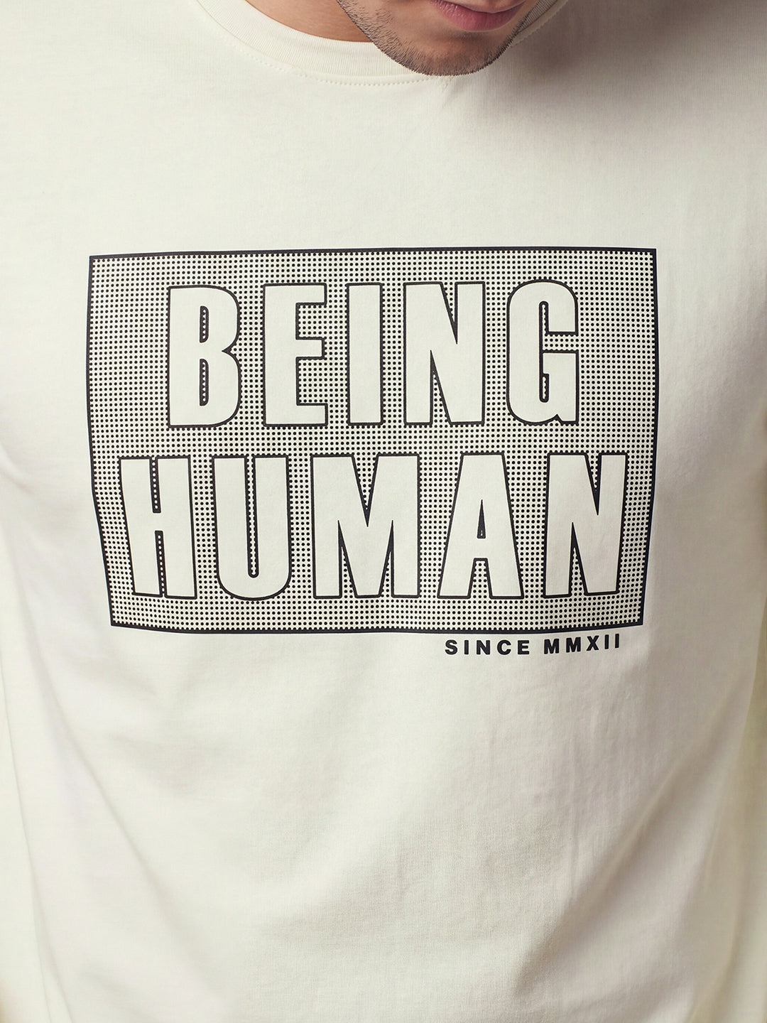 Off White Moderno Fit Graphic Print Full Sleeve Crew Neck Men's T-shirt by Being Human Clothing