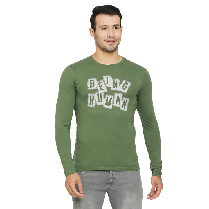 Green Regular Fit Men's Long Sleeves T-Shirt by Being Human Clothing