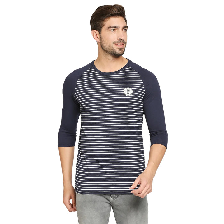 Blue Regular Fit Men's 3&4 th Sleeves T-Shirt by Being Human Clothing