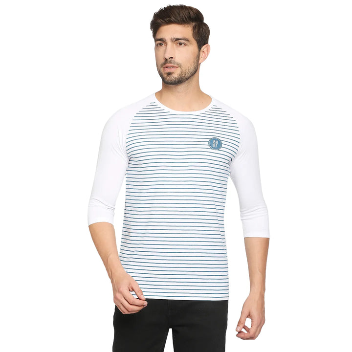 White Regular Fit Men's 3&4 th Sleeves T-Shirt by Being Human Clothing