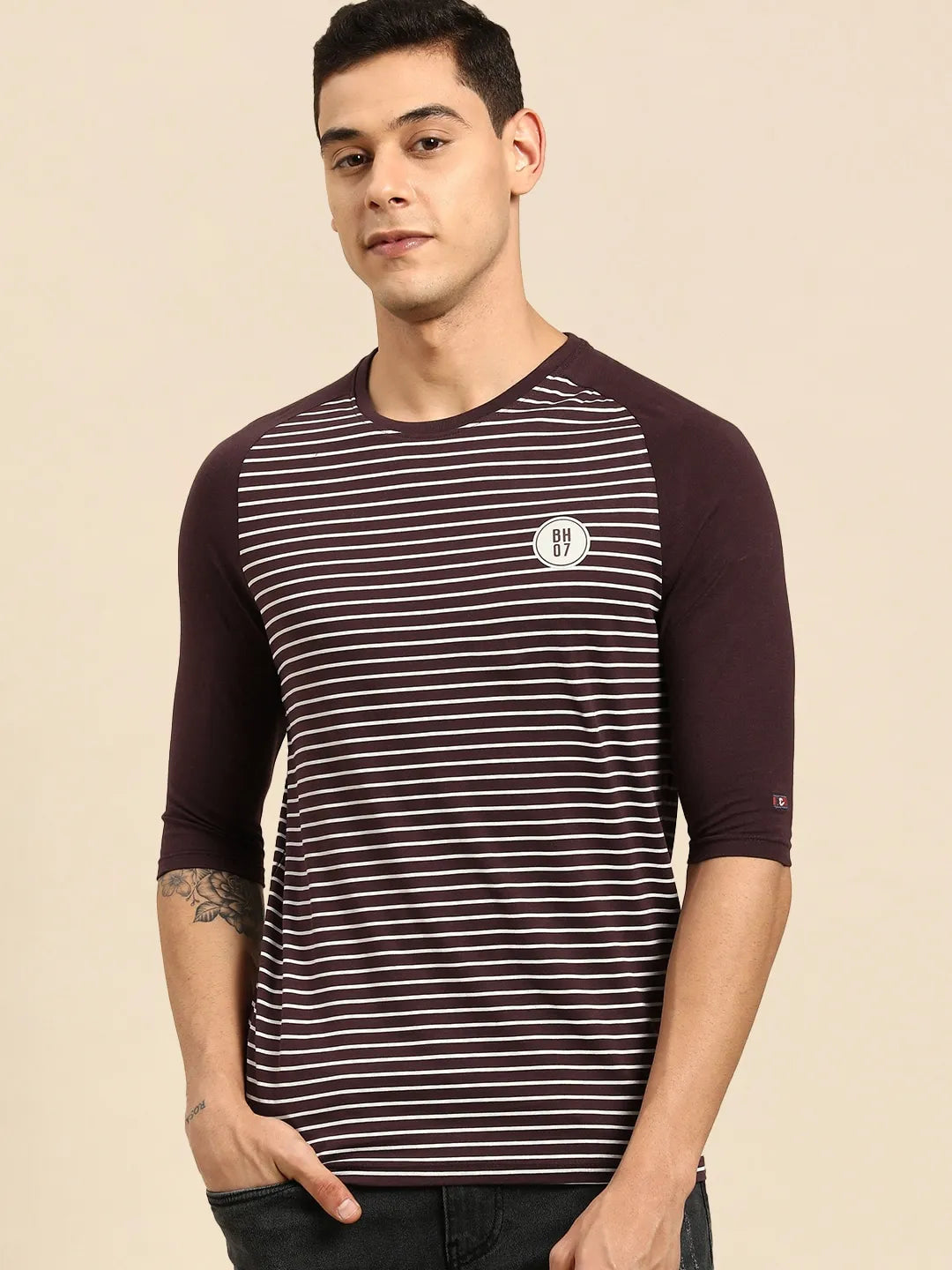 Red Regular Fit Men's 3&4 th Sleeves T-Shirt by Being Human Clothing