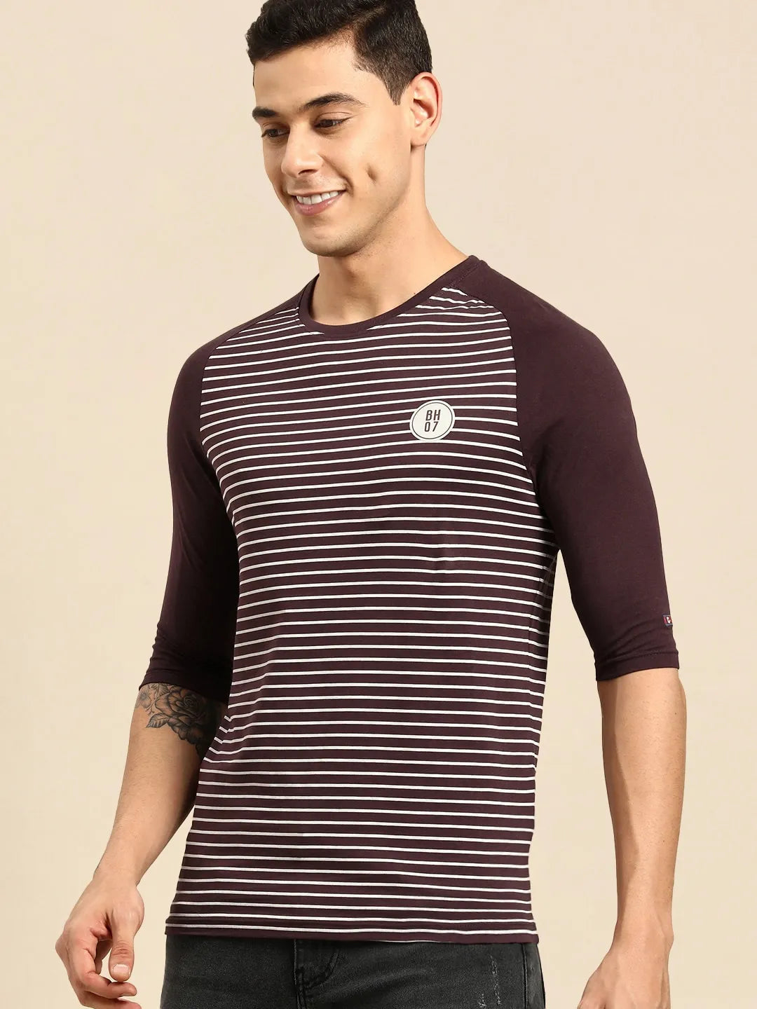 Red Regular Fit Men's 3&4 th Sleeves T-Shirt by Being Human Clothing