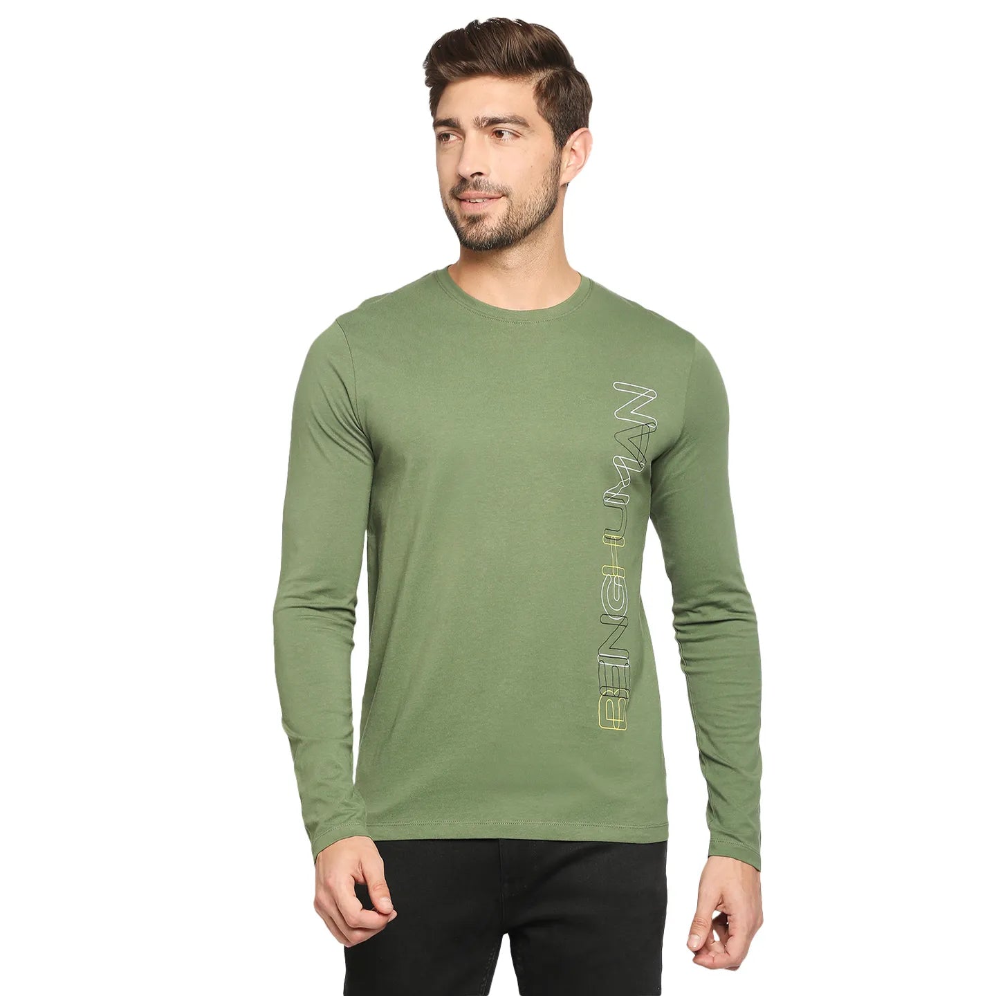 Green Regular Fit Men's Long Sleeves T-Shirt by Being Human Clothing