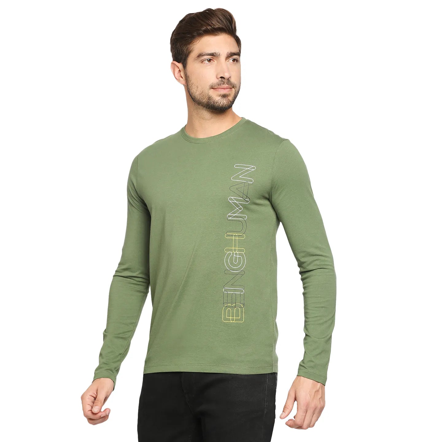 Green Regular Fit Men's Long Sleeves T-Shirt by Being Human Clothing