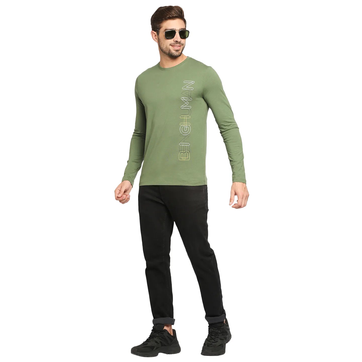 Green Regular Fit Men's Long Sleeves T-Shirt by Being Human Clothing