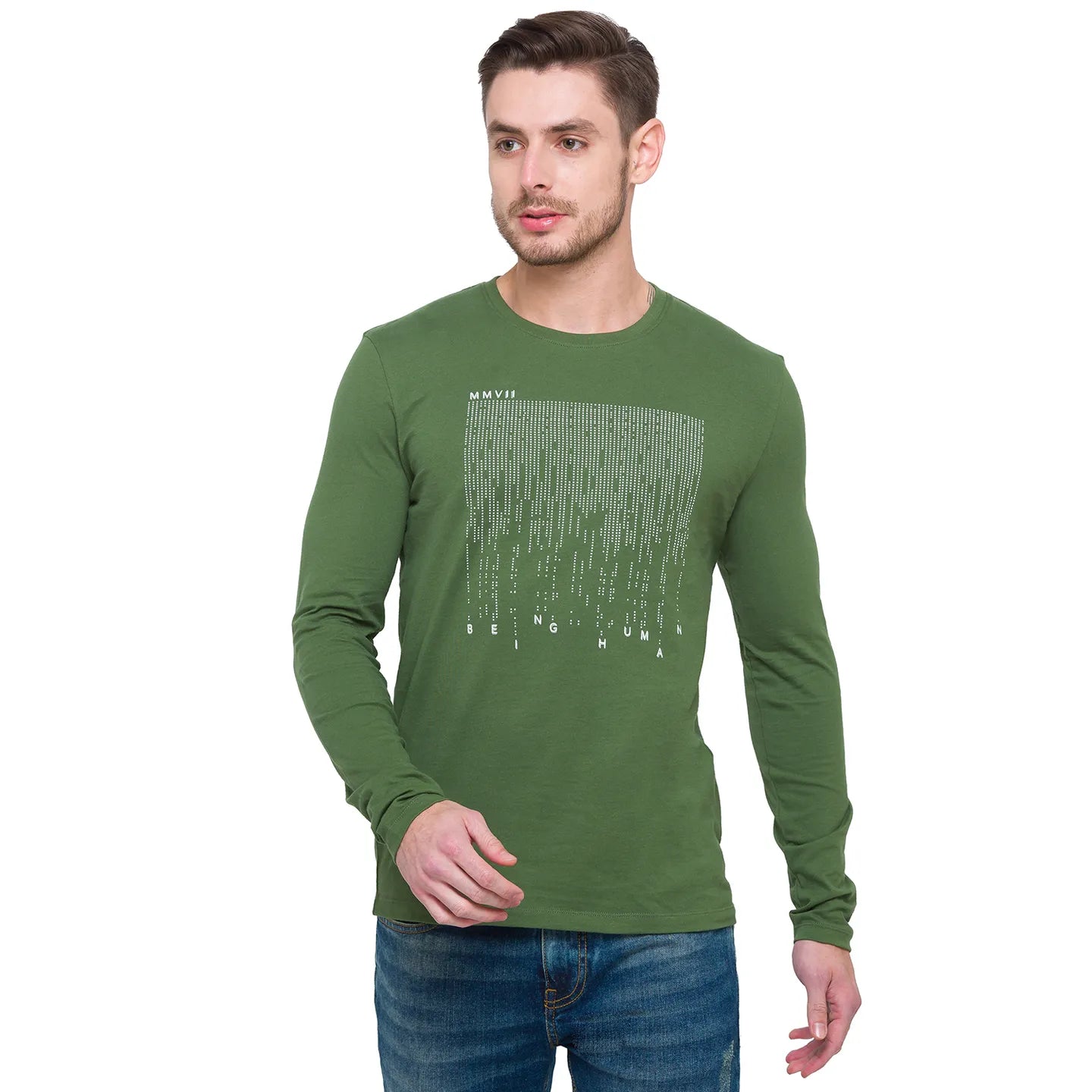 Green Regular Fit Men's Long Sleeves T-Shirt by Being Human Clothing