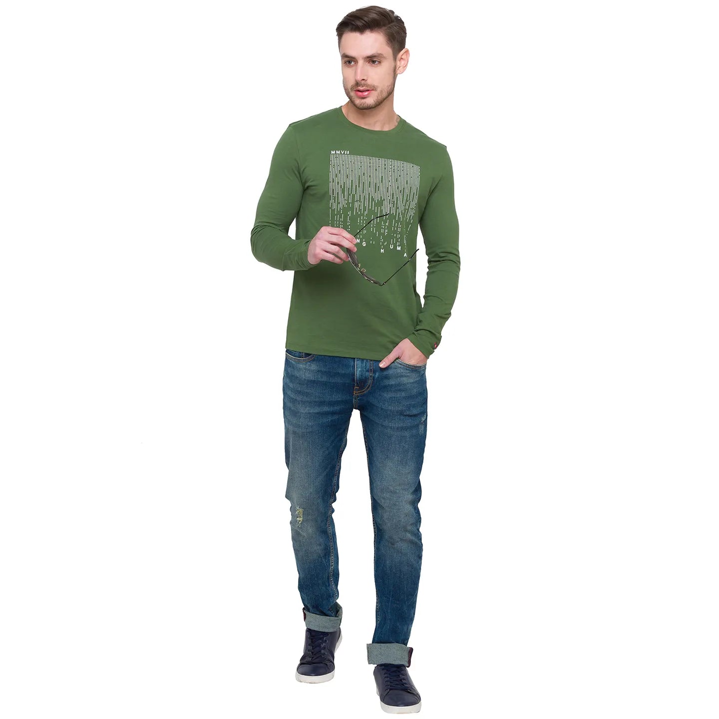 Green Regular Fit Men's Long Sleeves T-Shirt by Being Human Clothing