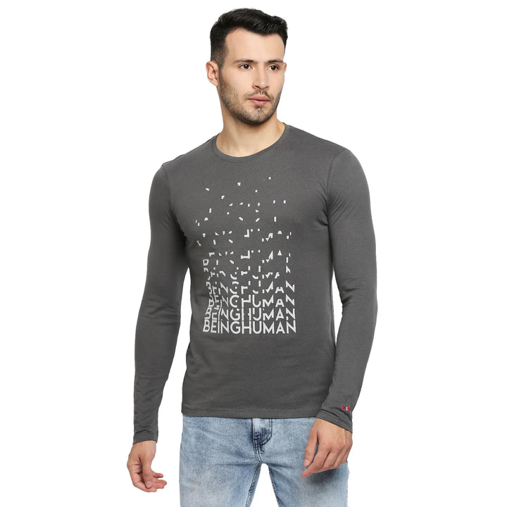 Grey Regular Fit Men's Long Sleeves T-Shirt by Being Human Clothing