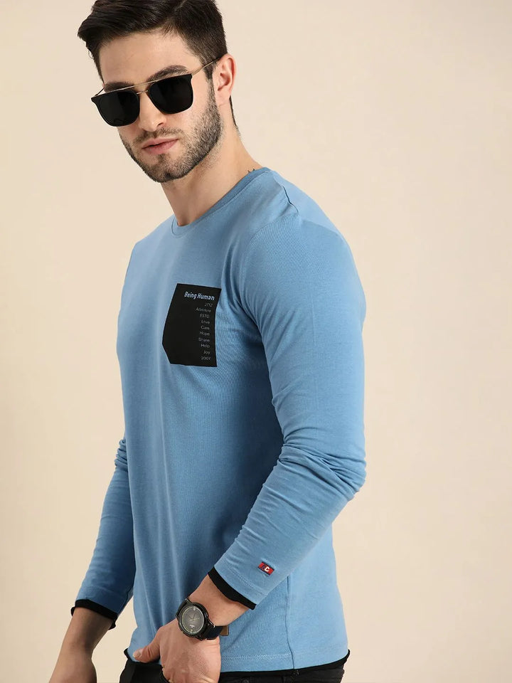 Blue Regular Fit Men's Long Sleeves T-Shirt by Being Human Clothing