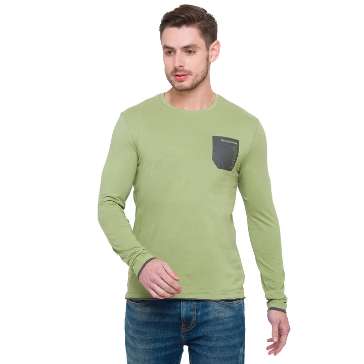 Green Regular Fit Men's Long Sleeves T-Shirt by Being Human Clothing