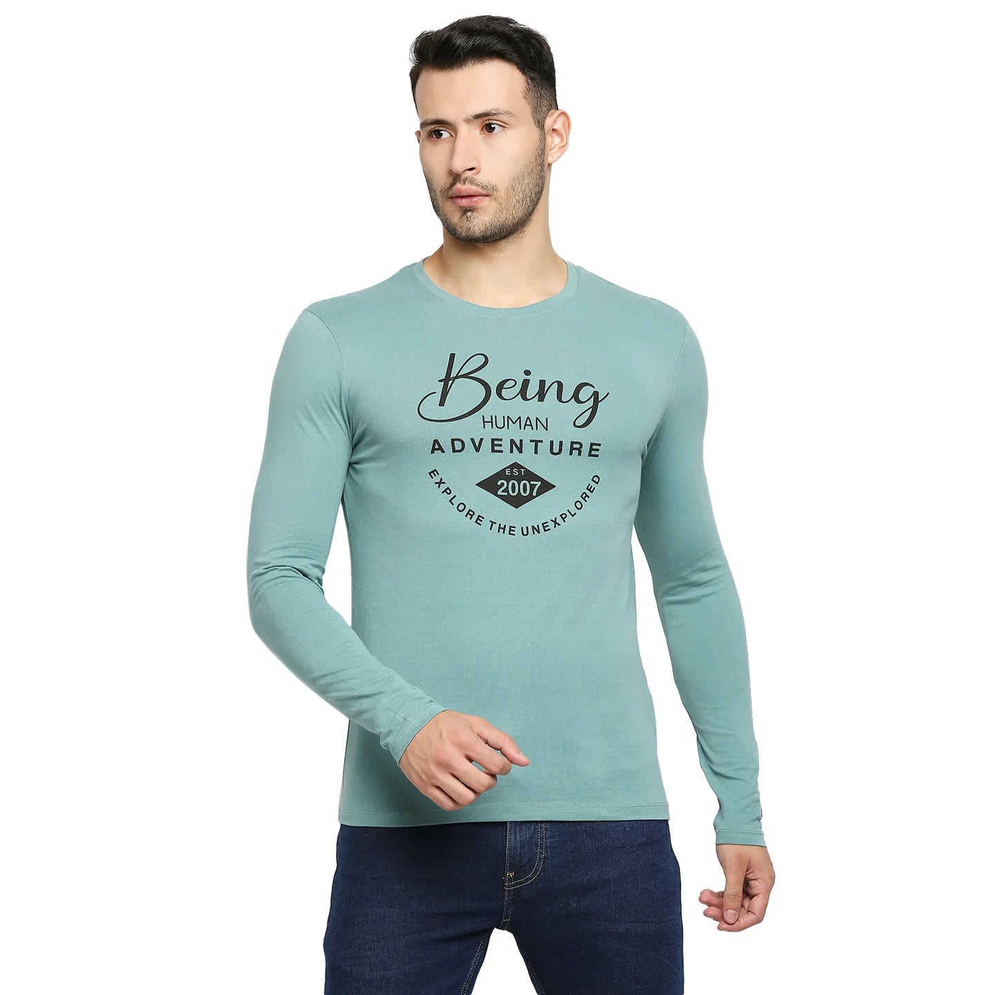 Green Regular Fit Men's Long Sleeves T-Shirt by Being Human Clothing