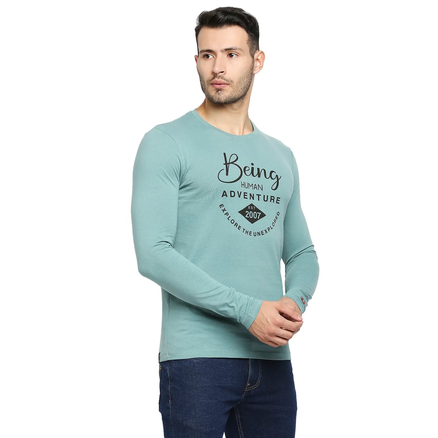 Green Regular Fit Men's Long Sleeves T-Shirt by Being Human Clothing