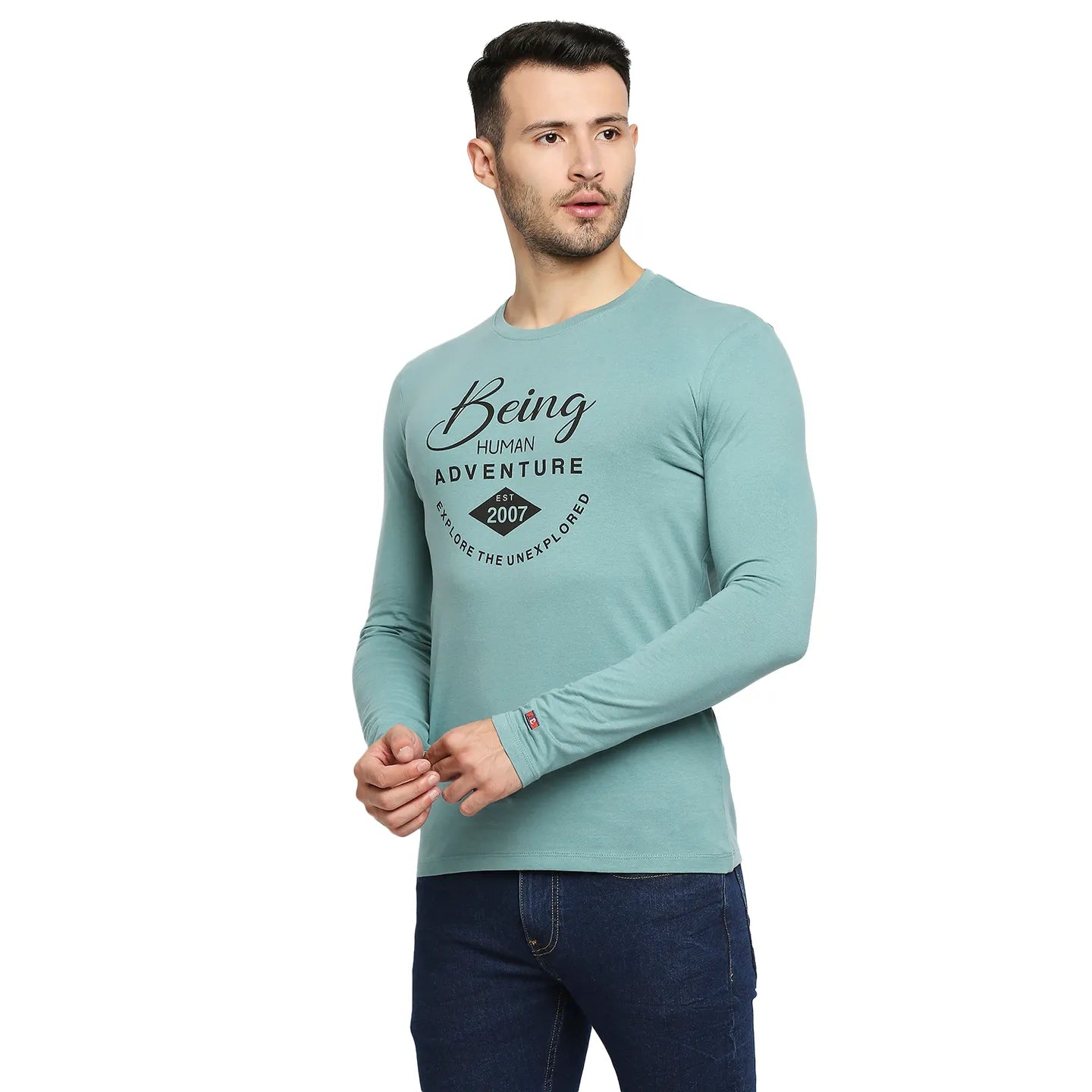 Green Regular Fit Men's Long Sleeves T-Shirt by Being Human Clothing