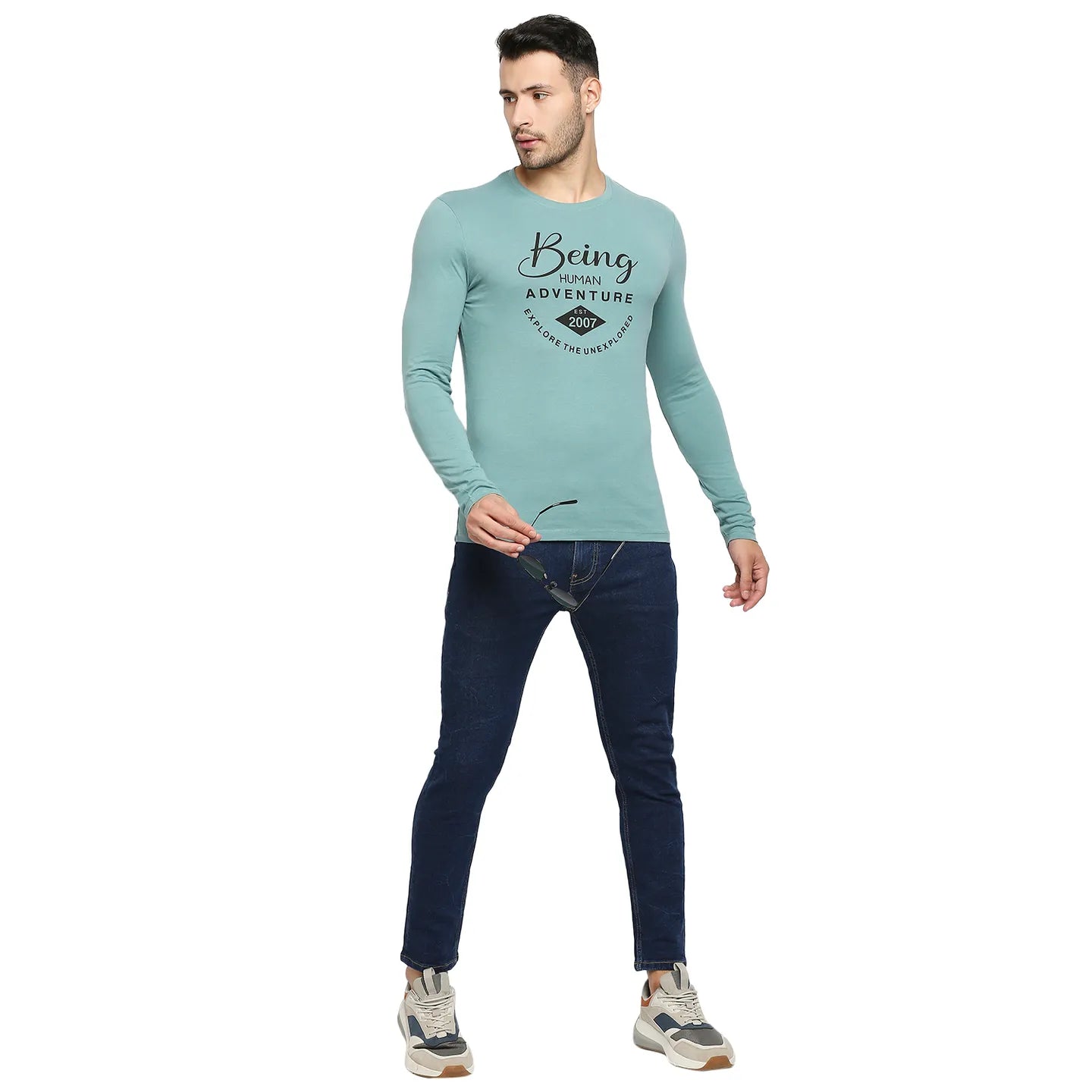 Green Regular Fit Men's Long Sleeves T-Shirt by Being Human Clothing