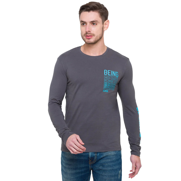Grey Regular Fit Men's Long Sleeves T-Shirt by Being Human Clothing