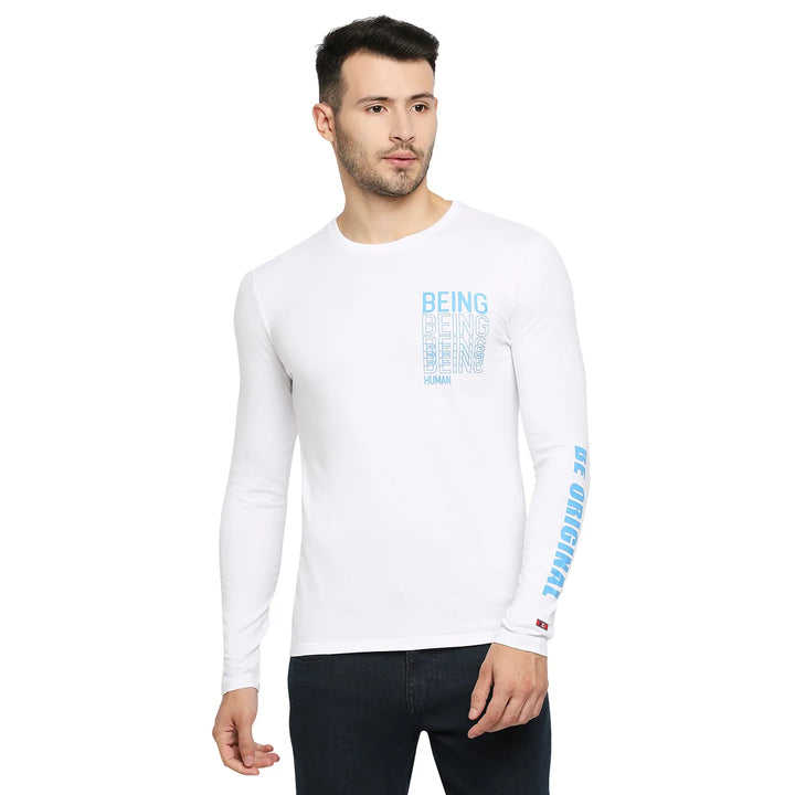 White Regular Fit Men's Long Sleeves T-Shirt by Being Human Clothing