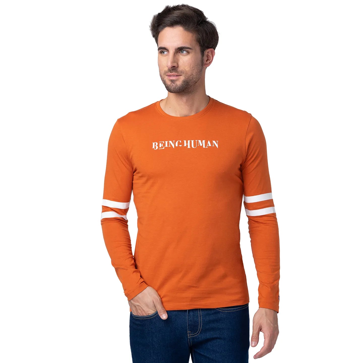 Orange Regular Fit Men's Long Sleeves T-Shirt by Being Human Clothing