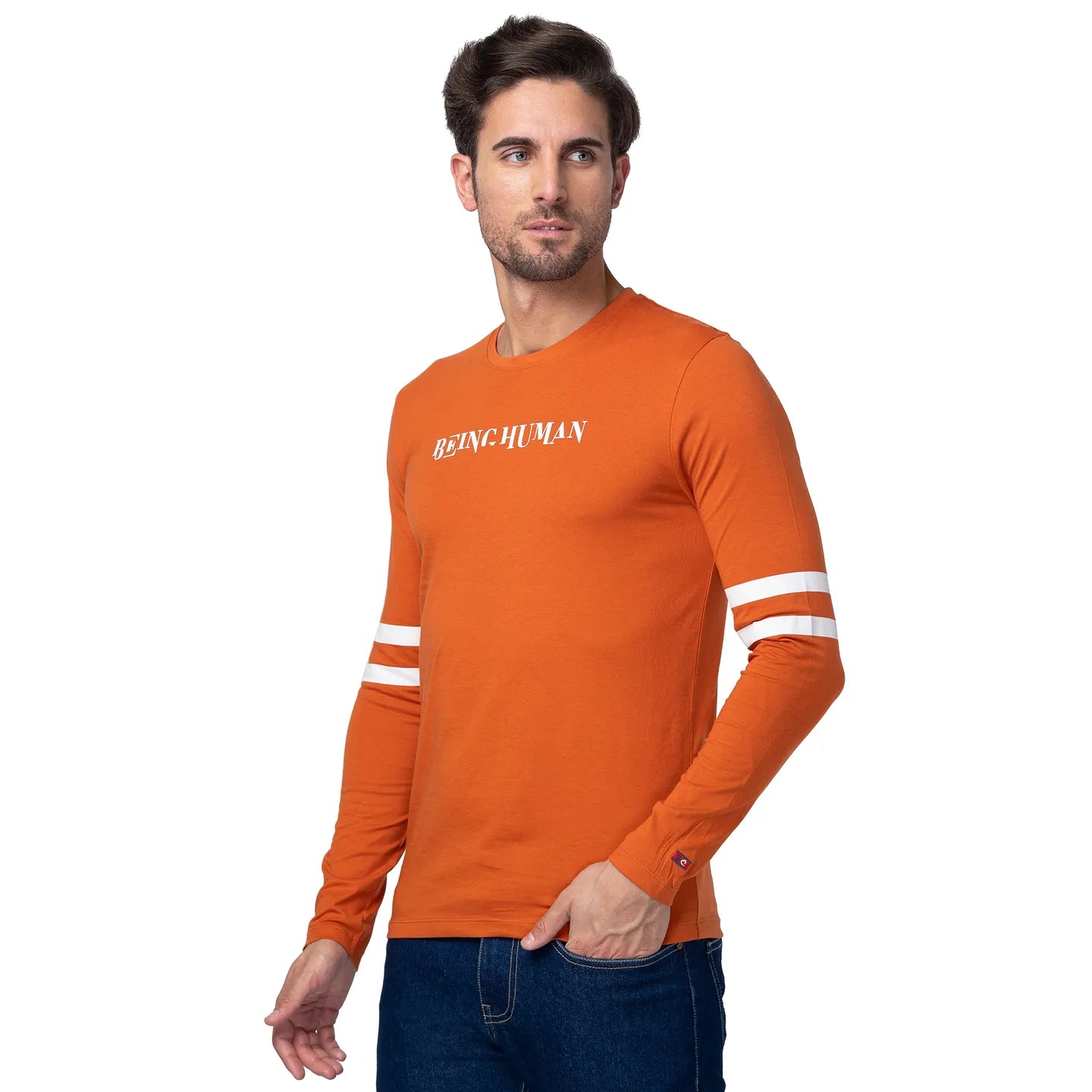 Orange Regular Fit Men's Long Sleeves T-Shirt by Being Human Clothing