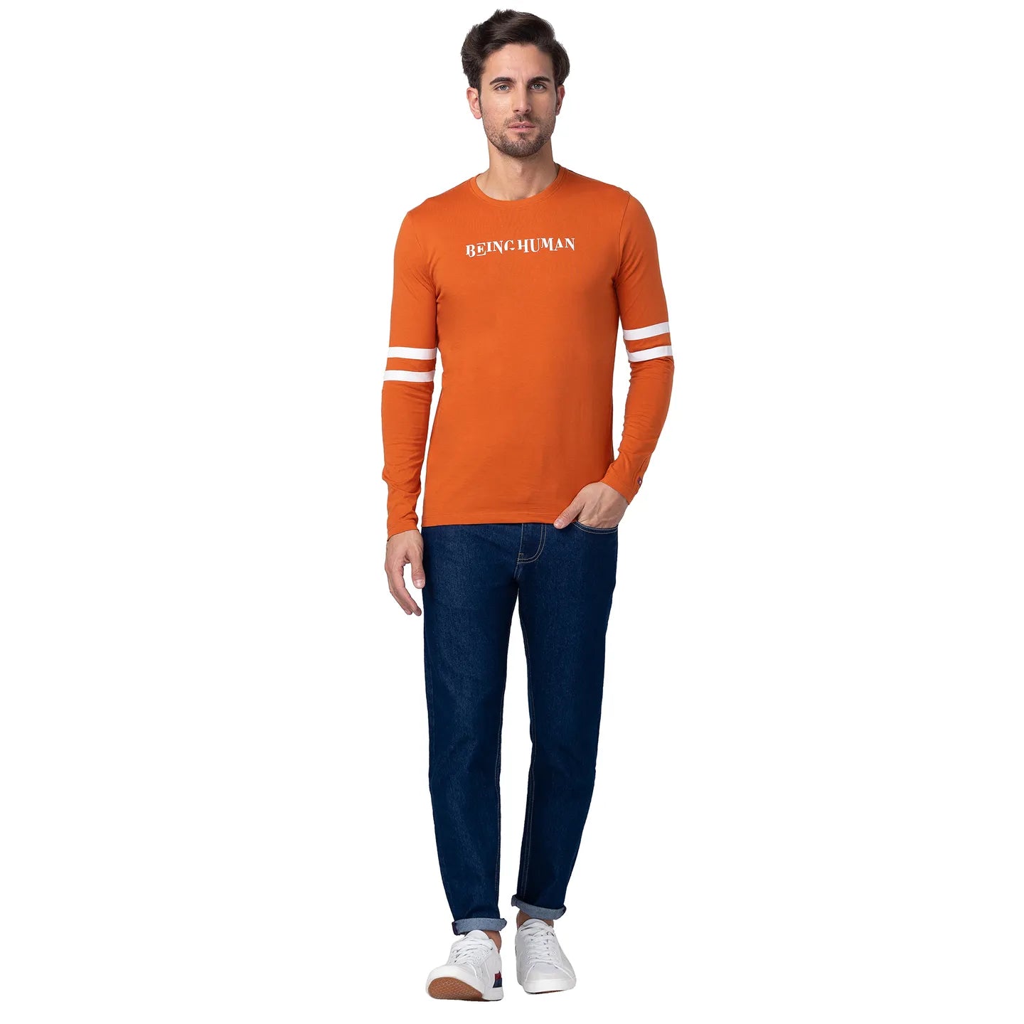 Orange Regular Fit Men's Long Sleeves T-Shirt by Being Human Clothing