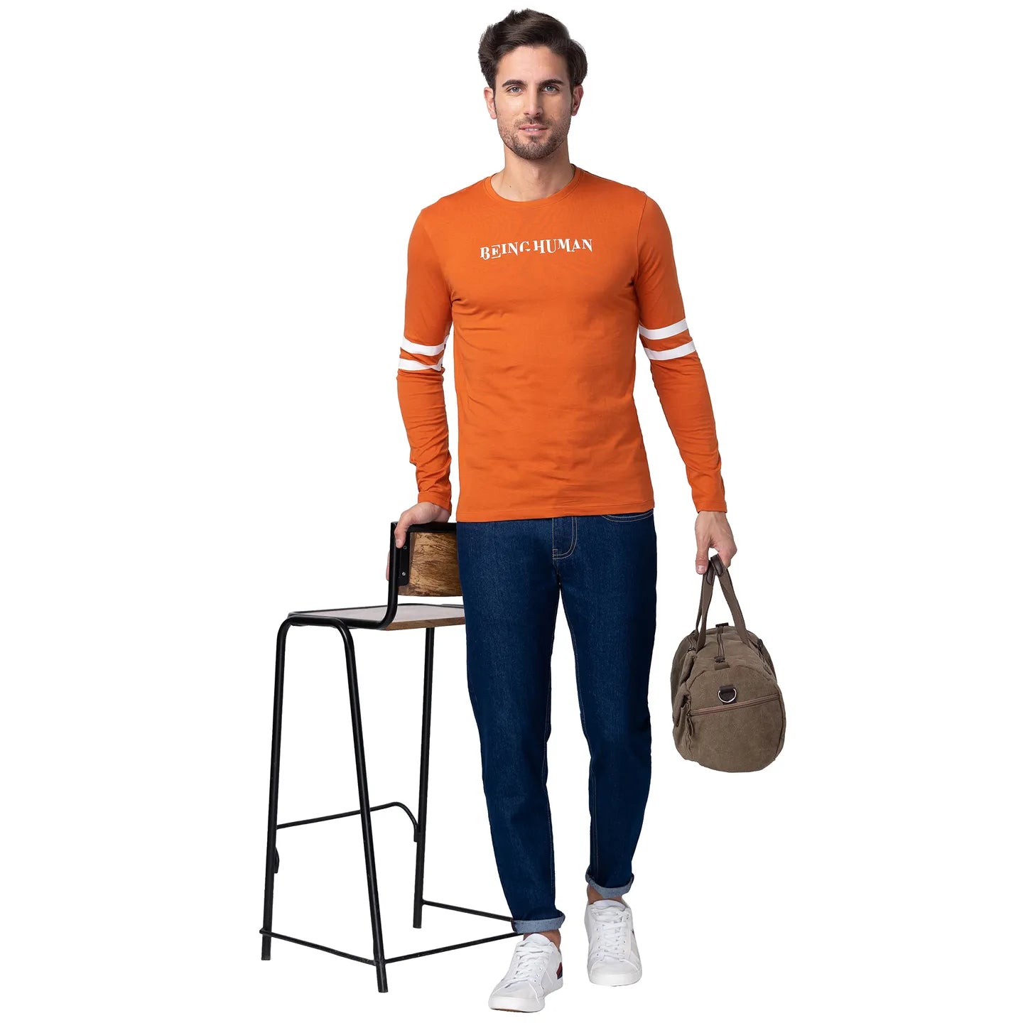 Orange Regular Fit Men's Long Sleeves T-Shirt by Being Human Clothing