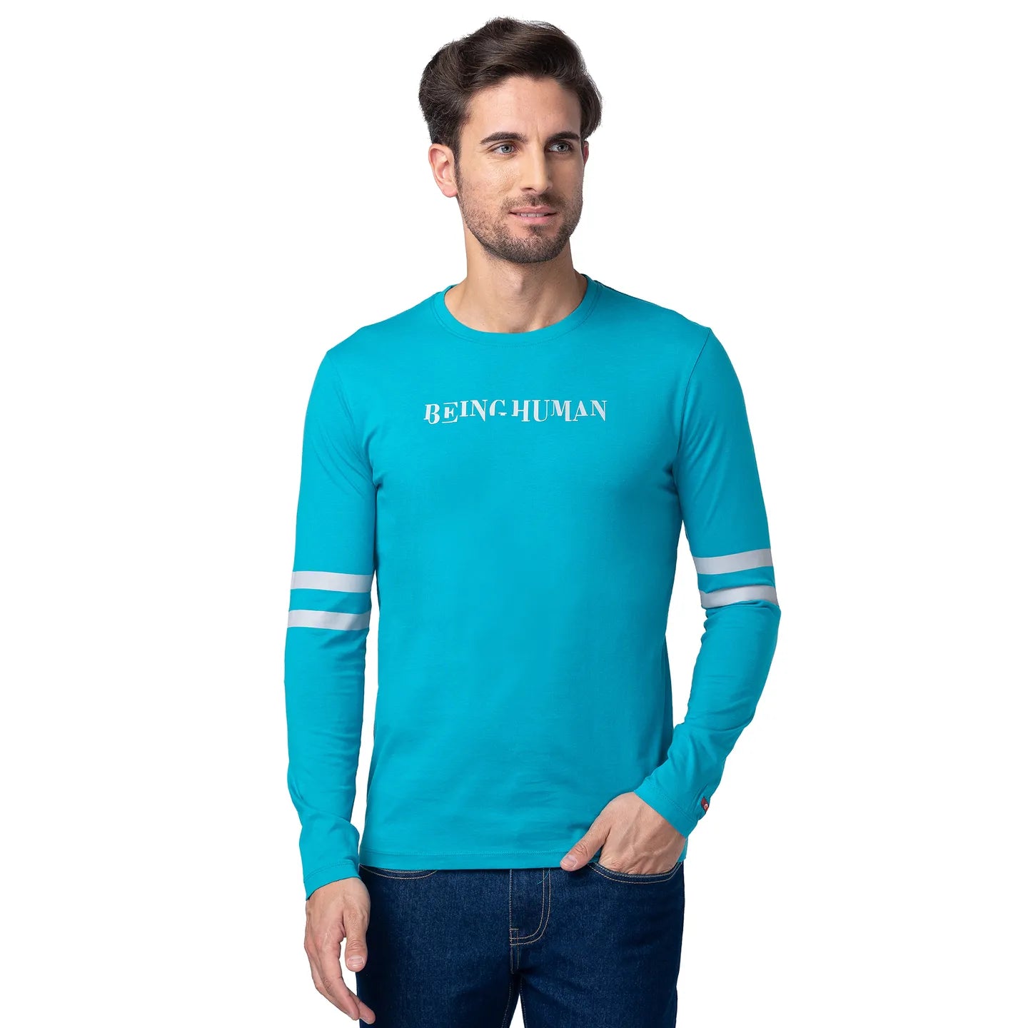 Blue Regular Fit Men's Long Sleeves T-Shirt by Being Human Clothing
