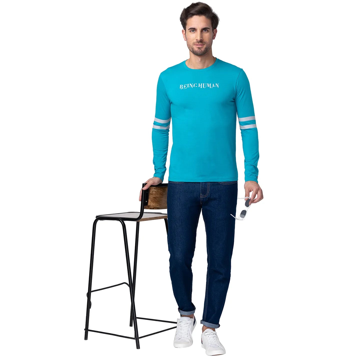 Blue Regular Fit Men's Long Sleeves T-Shirt by Being Human Clothing