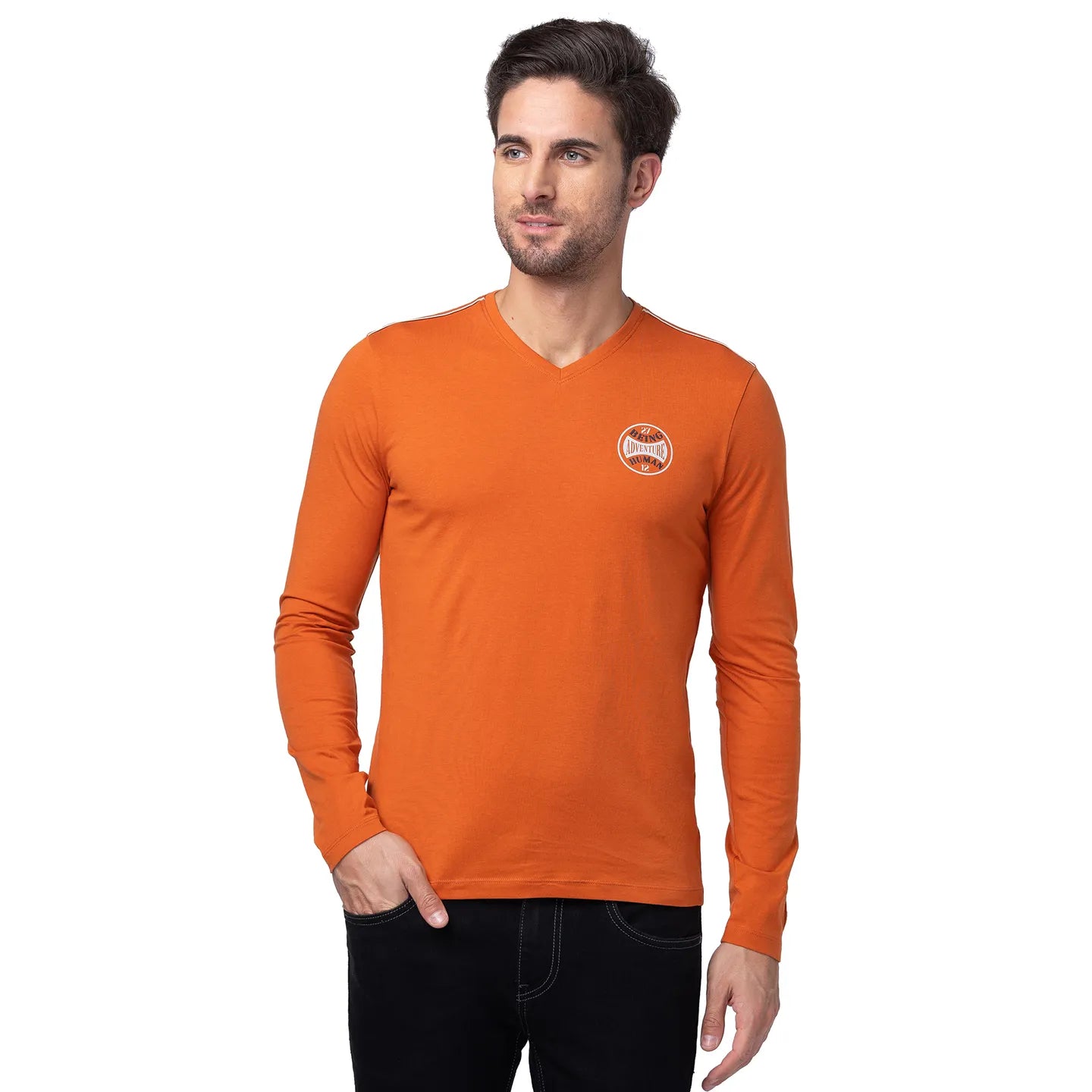 Orange Regular Fit Men's Long Sleeves T-Shirt by Being Human Clothing