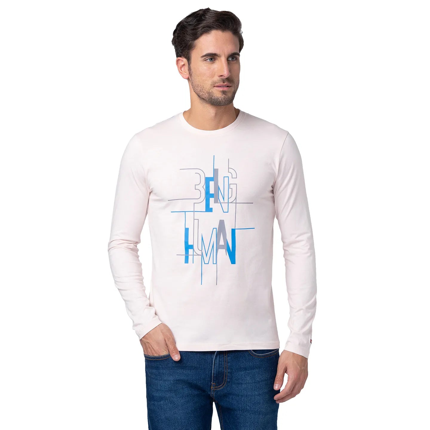 Pink Regular Fit Men's Long Sleeves T-Shirt by Being Human Clothing