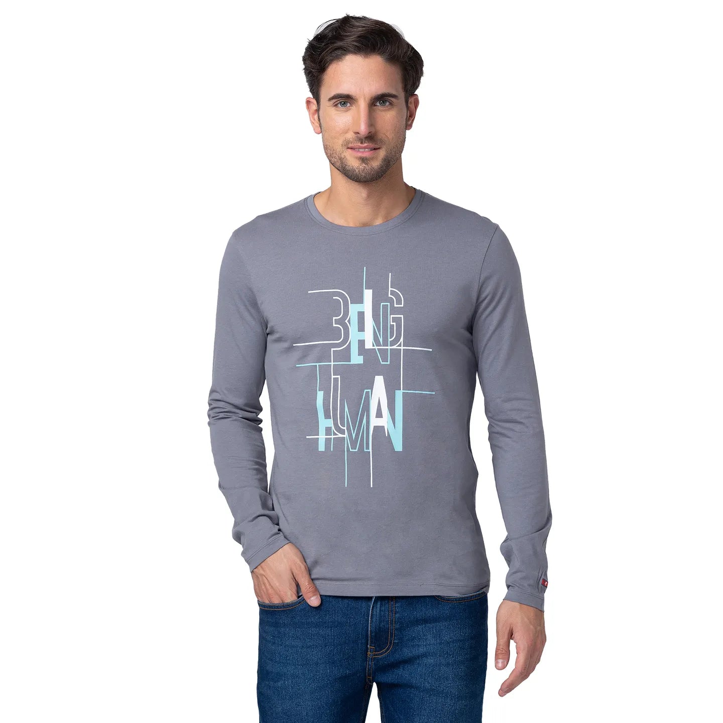 Grey Regular Fit Men's Long Sleeves T-Shirt by Being Human Clothing